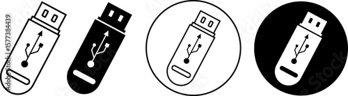 Flat USB flash drive icon set in outline, solid in vector EPS 10 format. Represents digital storage devices used in tech interfaces, data transfer tools, backup systems, and hardware illustrations. 
