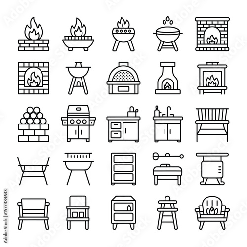 Thirty Black Outline Icons on White Background Depicting Fireplaces Grills Outdoor Furniture Kitchen Cabinets and Related Items