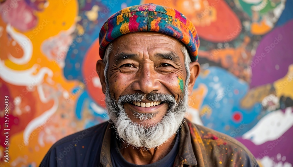 Obraz premium Smiling senior man with colorful hat and painted face