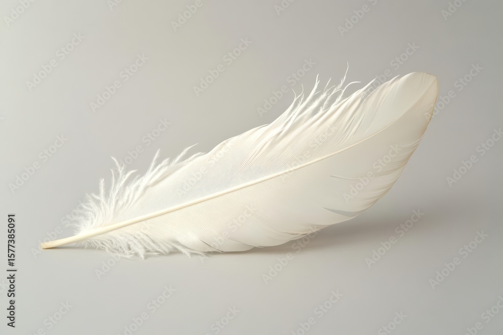 Fototapeta premium Single White Feather on Gray Background: Softness, Purity, and Lightness