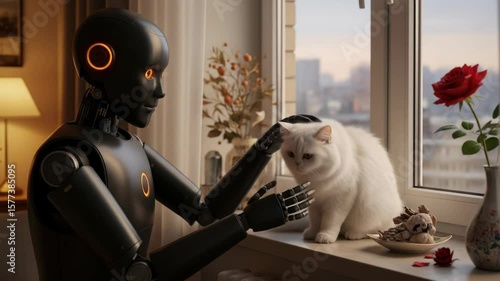 Dark Robot Petting White Cat At Sunset By Window