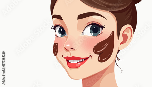 Girl smiling with chocolate facial mask on white background in flat vector style 