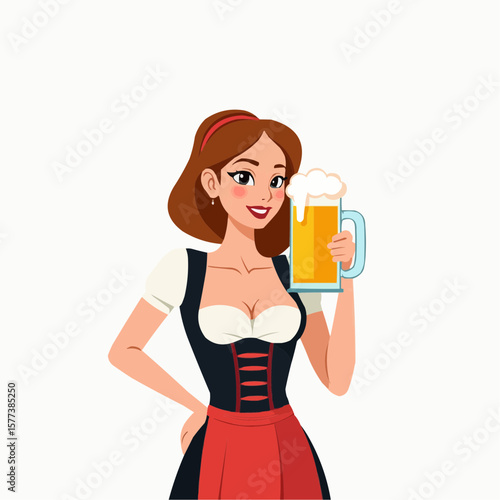 Young woman in traditional dirndl holding a beer mug with a smile  in flat vector style