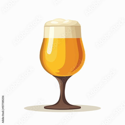Golden ale in glass goblet topped with foam  in flat vector style 