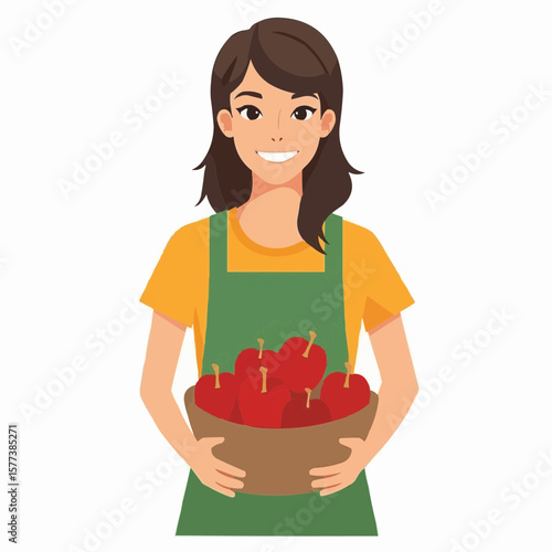 Girl in apron holding a bowl of red apples and smiling happily in flat vector style