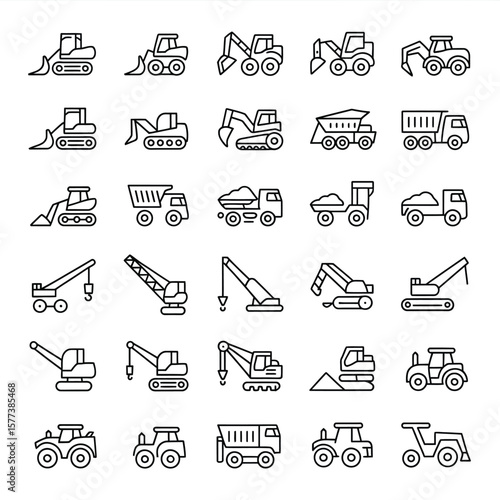 Thirty Six Black Outline Icons of Construction Vehicles Excavators Bulldozers Dump Trucks and Cranes on White Background Simple Line Art Graphic