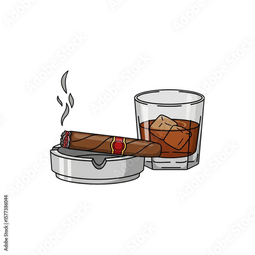 A lit cigar rests in an ashtray beside a glass of whiskey with ice.