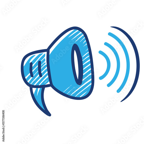 A blue megaphone is broadcasting sound waves, isolated on white background
