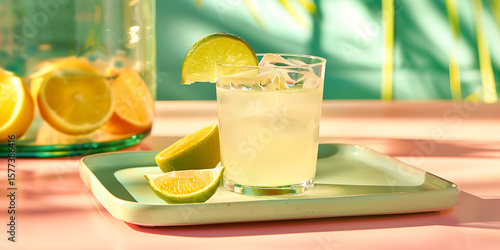 Glass of Lemonade with Lime Garnish on Tray and Pitcher of Lemons in Background

