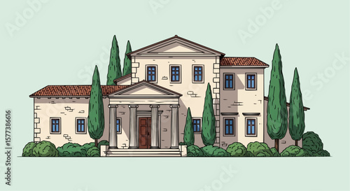 Ancient Villa with Cypresses – Vintage Engraving Style Vector Illustration of Traditional European Architecture