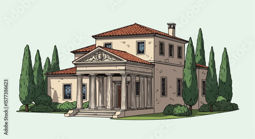 Ancient Villa with Cypresses – Vintage Engraving Style Vector Illustration of Traditional European Architecture