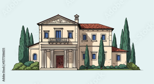 Ancient Villa with Cypresses – Vintage Engraving Style Vector Illustration of Traditional European Architecture