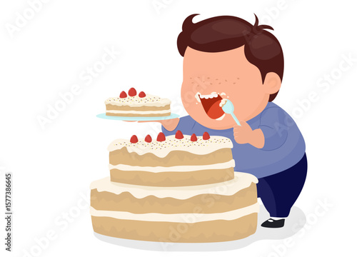 flat illustration of fat child boy eating cake.