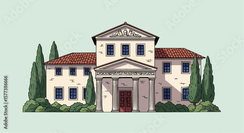 Ancient Villa with Cypresses – Vintage Engraving Style Vector Illustration of Traditional European Architecture