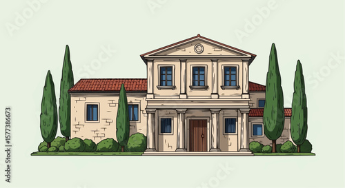 Ancient Villa with Cypresses – Vintage Engraving Style Vector Illustration of Traditional European Architecture