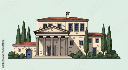 Ancient Villa with Cypresses – Vintage Engraving Style Vector Illustration of Traditional European Architecture
