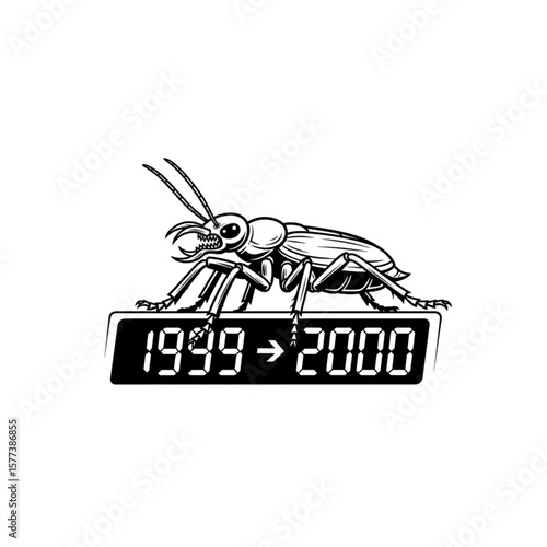A beetle crawls over a digital display showing the transition from 1999 to 2000, symbolizing the Y2K bug.