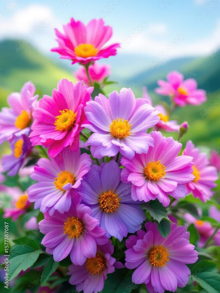 Obraz premium A vibrant display of pink and purple cosmos flowers in full bloom against a blurred green background