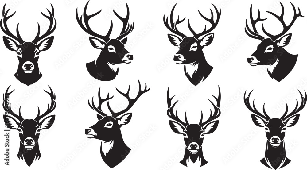 Naklejka premium deer face silhouette vector, black and white deer face illustration, minimalistic deer head vector, stylized deer face outline, tribal deer head design, deer face with antlers silhouette,