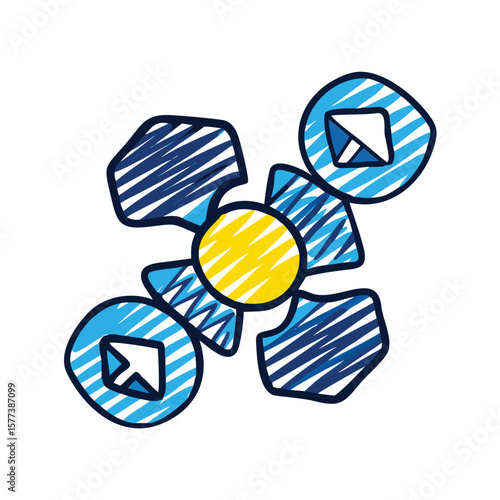 A blue and yellow fidget spinner isolated on white background