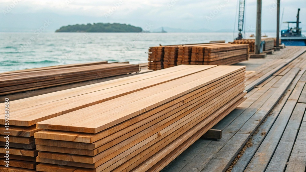 Naklejka premium Large bundles of lumber are neatly piled on a sturdy wooden dock, awaiting shipment across the water, emphasizing global commerce and the transport of natural resources. 