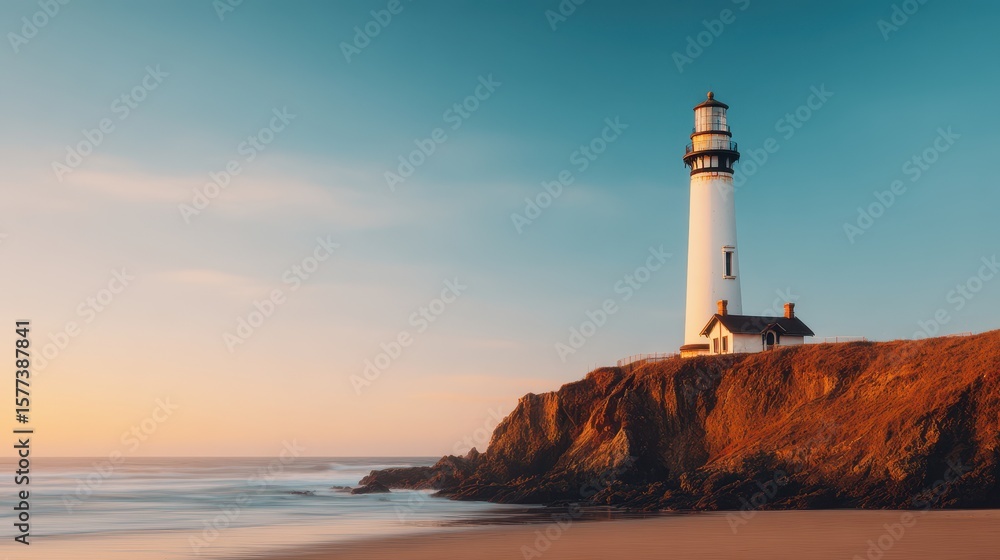 Naklejka premium A tall white lighthouse stands on a rocky cliff overlooking a calm ocean at sunset, under a clear sky.