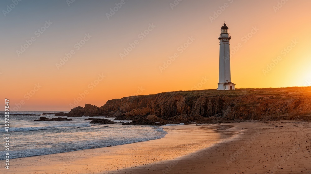 A tall lighthouse stands on rocky cliffs overlooking a calm ocean at sunset, with the sky glowing in warm orange hues. A tall lighthouse stands on rocky cliffs overlooking a calm ocean at sunset, with the sky glowing in warm orange hues.