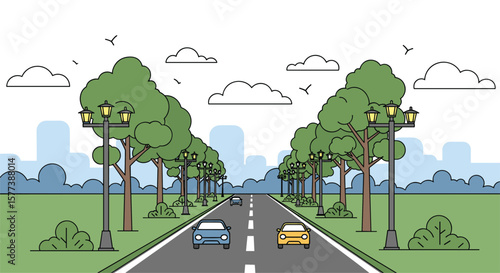 Scenic drive down a tree lined avenue with cars and cityscape in the distance