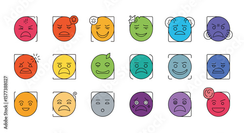 A vibrant collection of expressive emoji faces capturing diverse human emotions and feelings through unique artistic designs