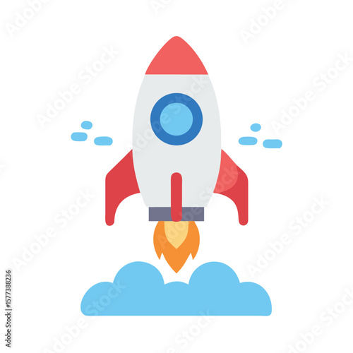 A cartoon rocket launching with fire and smoke on a white background