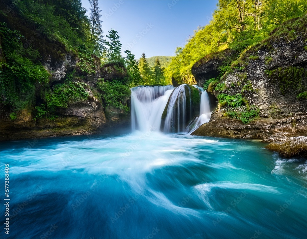 Fototapeta premium waterfall on mountain river with blue water