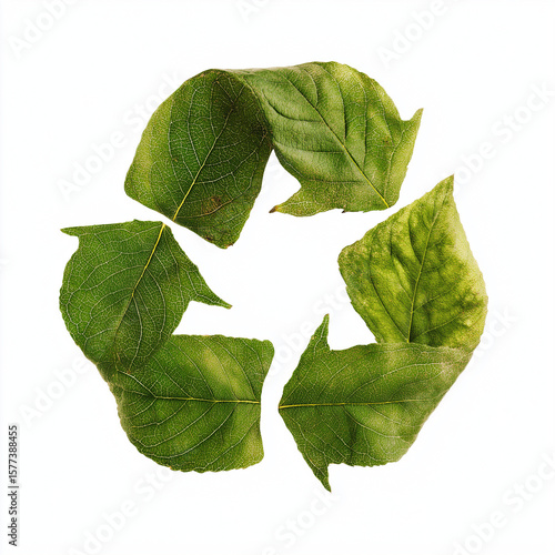 Green recycling symbol made of leaves, isolated on a white background in PNG format with transparent background. Eco-friendly design ideal for sustainability and environmental projects.