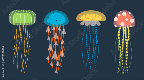 Set of colorful jellyfish vector illustration isolated on white background. Underwater marine jellyfish. Collection of undersea animals, medusa. Seawater invertebrates with dangerous tails, tentacles.