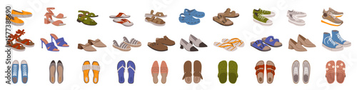 Set of female and male trendy summer shoes of footwear. Sandals, mules, ballet flats, flip-flops, crocs with embellishments, sneakers, stilettos, wedges. Flat vector illustration isolated on white.