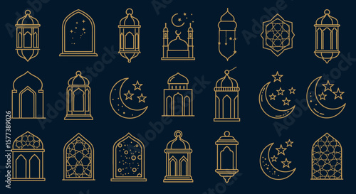 Elegant linear islamic lanterns and moon patterns on dark background