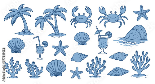 Hand drawn tropical beach set with palm trees, crabs, shells, and coral