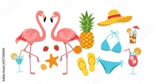 Tropical summer vibes: flamingos, pineapple, strawberries, and beach essentials