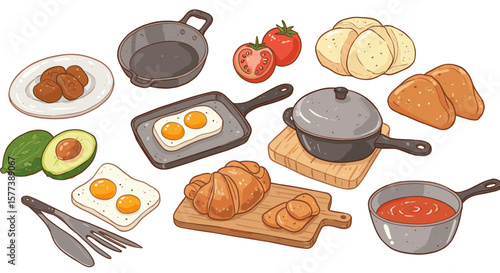 Delicious breakfast platter with cookware and fresh ingredients in hand-drawn style
