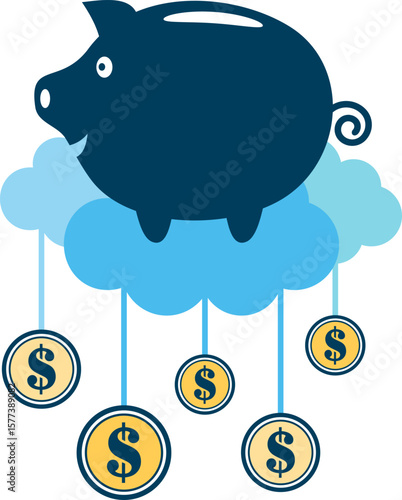 Cloud Financial Management concept of budgeting funds to pay for cloud computing consumption. A piggy bank funding Cloud Computing cost in the Cloud.