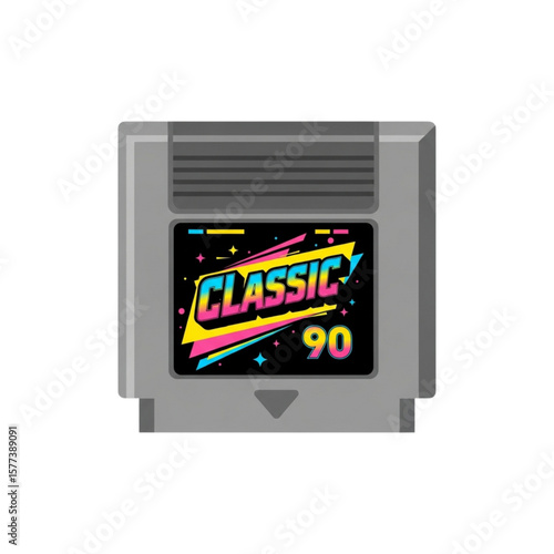 Retro 90s video game cartridge design, showcasing a classic game label with vibrant colors and a stylized "Classic 90" logo.