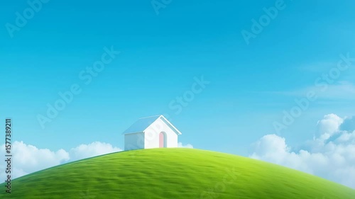 Wallpaper Mural White small house positioned on bright green hill against blue sky with soft clouds. Serene minimalistic landscape Torontodigital.ca