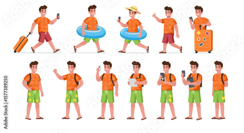 Vacation adventures: cartoon boy enjoying summer in different outfits and activities