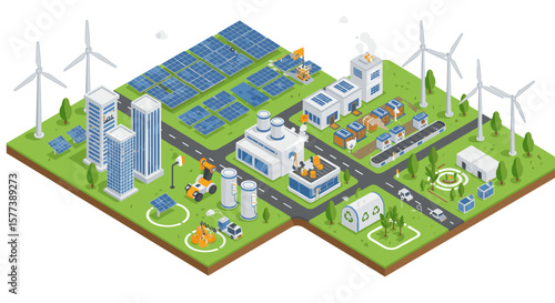 Sustainable energy cityscape with solar panels and wind turbines in isometric design
