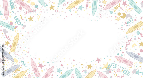 Colorful crayon party border with pastel confetti and stars