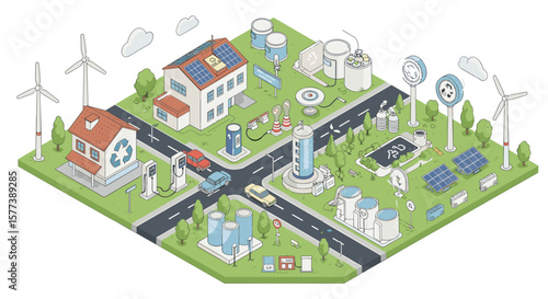 Isometric sustainable energy city with eco-friendly technologies and renewable sources