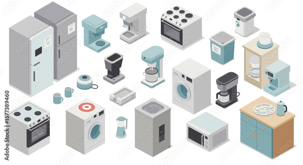 Isometric home appliances collection: refrigerators, washers, ovens, and more Isometric home appliances collection: refrigerators, washers, ovens, and more