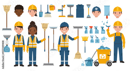 Diverse cleaning crew with equipment and uniforms in flat style