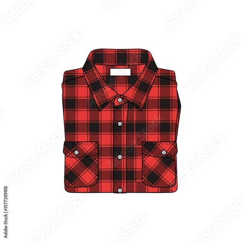 Folded red and black plaid shirt, with buttoned collar and pockets, displayed on a white background.