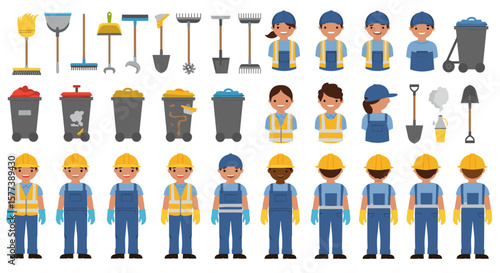 Diverse team of cartoon sanitation workers with tools and garbage bins in flat design