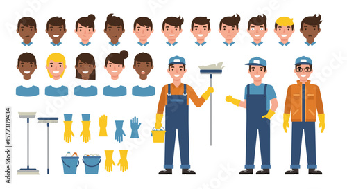 Cleaning crew kit: diverse avatars and tools for broom and wiper services in flat design
